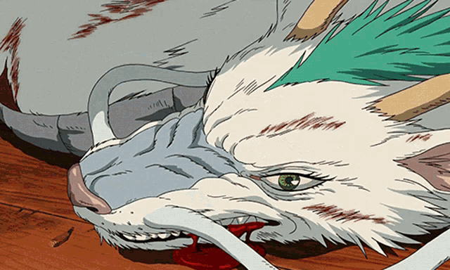 a cartoon drawing of a white animal with green eyes