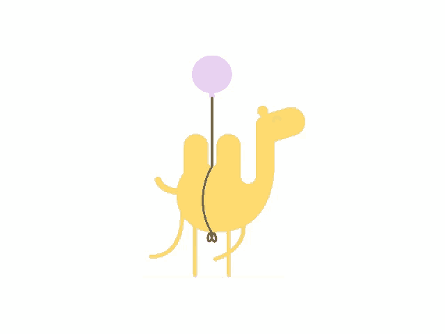 a cartoon camel holding a purple balloon