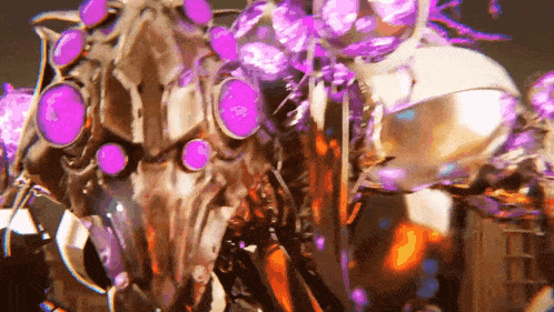 a painting of a robot with purple eyes and a skull