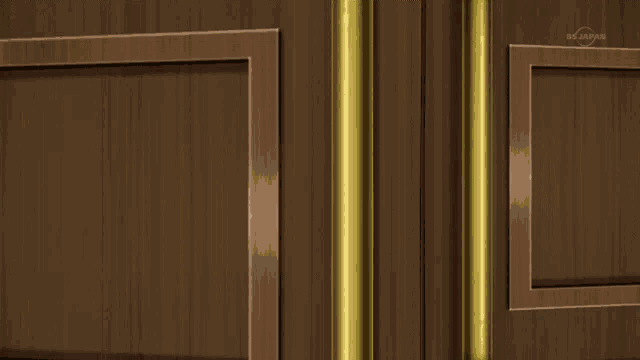 a cartoon character peeking out from behind a wooden door that says bs japan on the bottom
