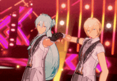 two anime characters are standing next to each other