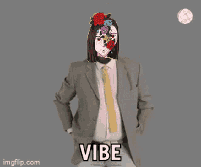 a man in a suit and tie has a picture of a woman with roses on her head and the word vibe below him