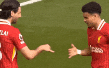 two soccer players are shaking hands on a soccer field .