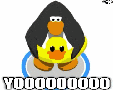 a penguin is holding a yellow duck in its paws and the penguin is wearing a yellow duck outfit