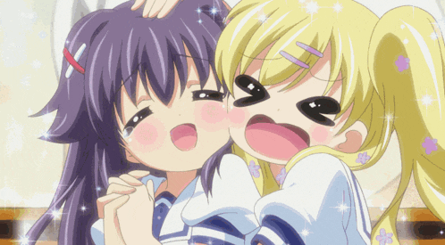 a girl with purple hair is being kissed by another girl