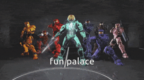 a group of soldiers are standing in a dark room with the words fun palace written below them