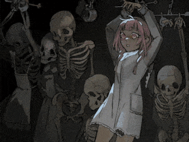a drawing of two girls surrounded by skeletons and chains