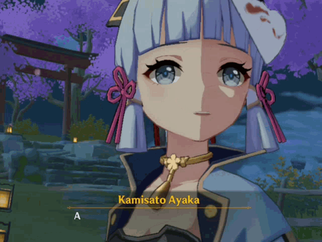 a video game character with the name kamisato ayaka on the bottom
