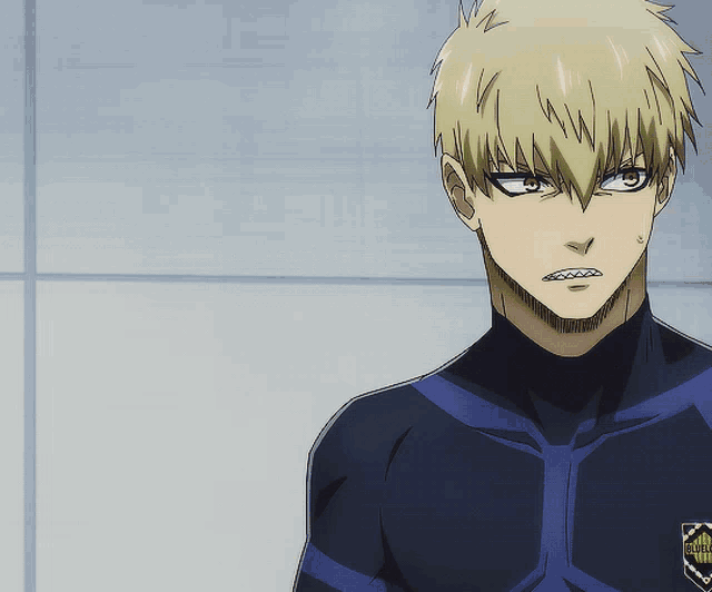a man with blonde hair is wearing a blue shirt with a shield on it that says tokyo ghouls
