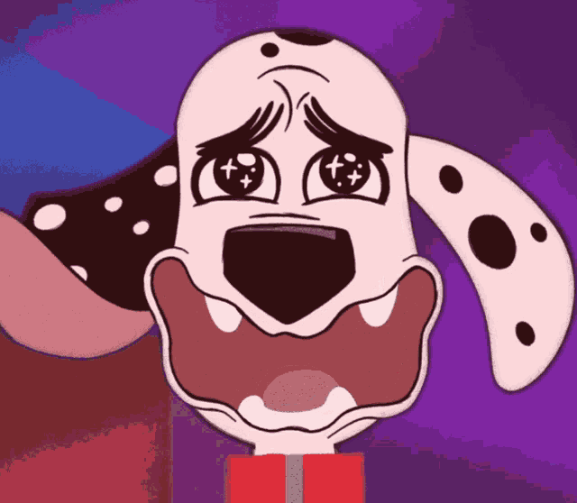 a dalmatian dog with a big mouth and a purple background