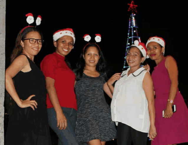 five women wearing santa hats pose for a picture
