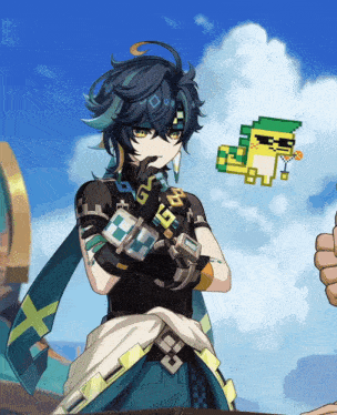 a cartoon character with a pixelated bird flying in the sky