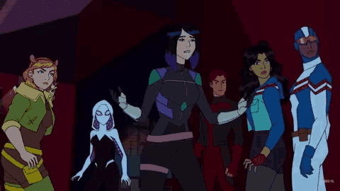 a group of cartoon characters standing next to each other including spider-woman