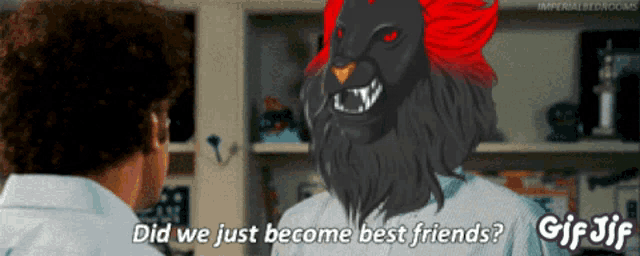 a gif of a man talking to a lion with the words did we just become best friends at the bottom