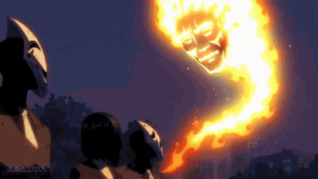 a group of people are standing in front of a fireball with the word beskaatt written below it