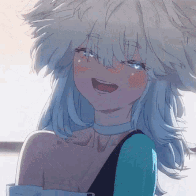a girl with white hair and blue eyes is wearing a choker around her neck
