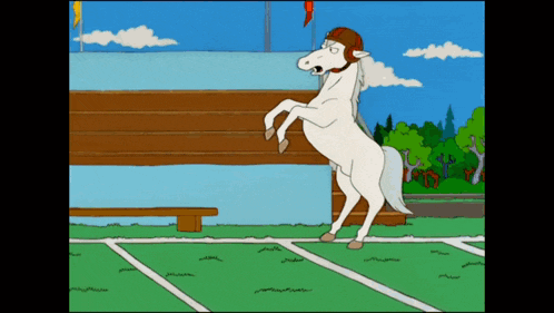a cartoon of a white horse wearing a helmet standing on its hind legs