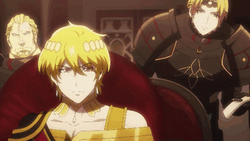 a man with gold hair is sitting in a chair with other men
