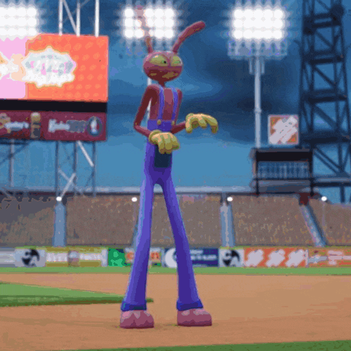 a cartoon character is standing on a baseball field in front of a sign that says ' a & a '