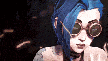 a cartoon character with blue hair and goggles on her face