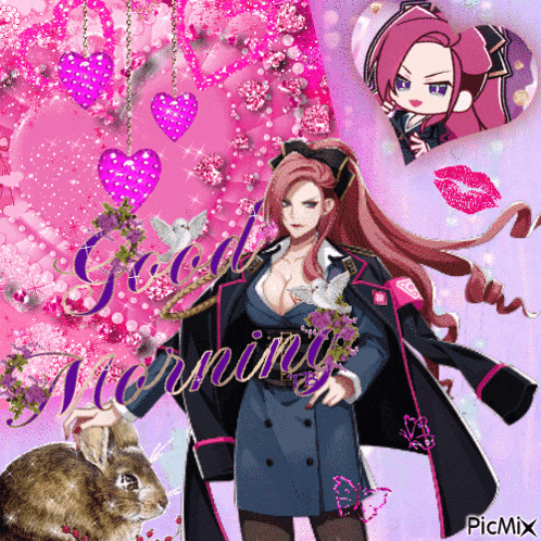 a picture of a woman holding a rabbit with the words good morning written on it