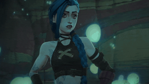 a cartoon character with blue hair and a black top with a cross on the front
