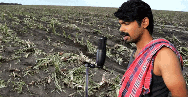 a man with a plaid scarf around his neck is standing in a field