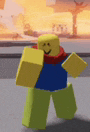 a yellow roblox character is standing in front of a fire .