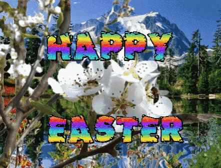 a happy easter greeting card with flowers and a mountain in the background