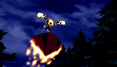 a cartoon of a person flying through the air with flames coming out of it