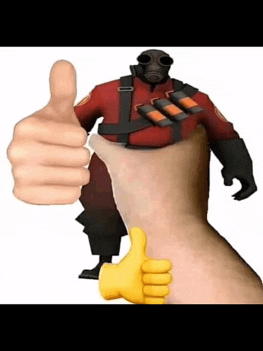 a person is giving a thumbs up to a cartoon character with a gas mask on