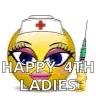 a smiley face with a nurse hat on is holding a syringe .