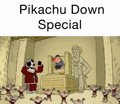 a cartoon of a man sitting on a throne with the words pikachu down special below him