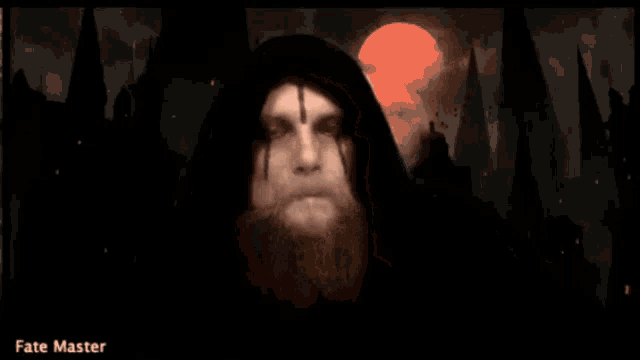 a man in a black hood with a red moon in the background is called the fate master