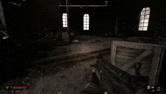 a person is playing a video game in a dark room with a sniper rifle .