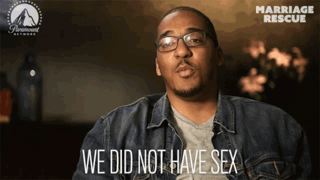 a man wearing glasses and a denim jacket says " we did not have sex "