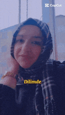 a woman wearing a plaid scarf and a watch has the word dilimde on her face
