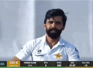 a man with a beard wearing a white shirt with easypaisa on it