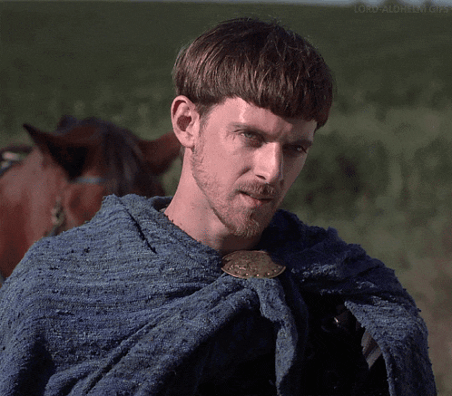 a man with a beard wearing a blue cape with a horse in the background
