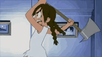 a cartoon girl is holding a large axe in her hand