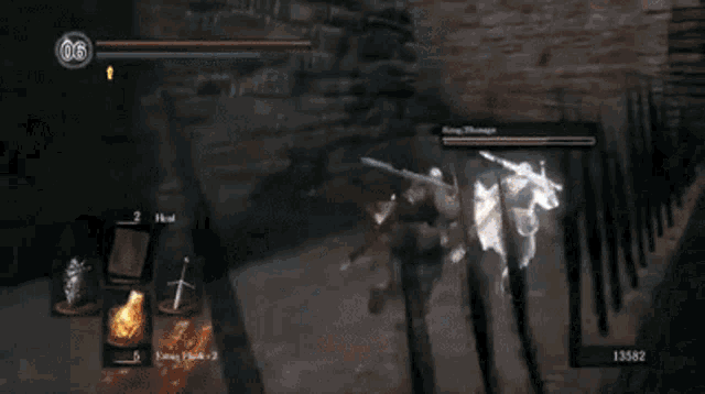 a person is holding a sword in a video game while standing on a set of stairs .