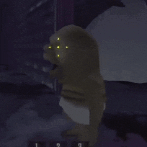 a cartoon character in a diaper is standing in a dark room with numbers 1 2 and 3 in the background