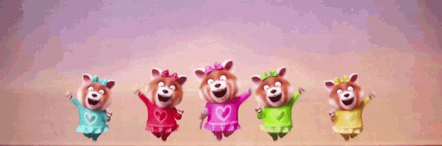 a group of red pandas are dancing in a row