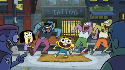 a group of cartoon characters are dancing in front of a tattoo store