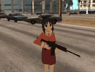 a girl is holding a gun in a video game while walking down a street .