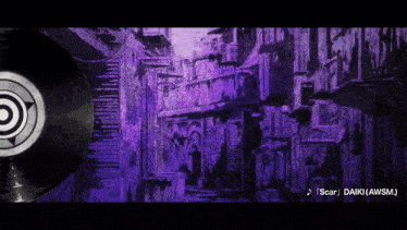 a purple background with a black and white record that says ' scar ' on it