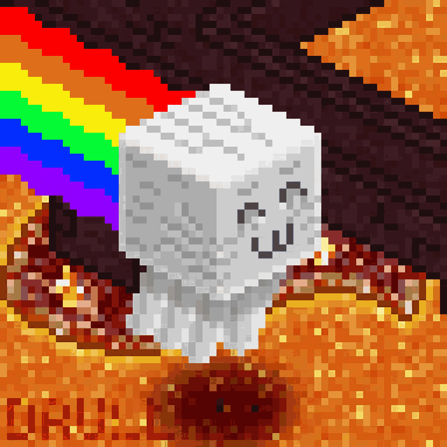 a pixel art of a skeleton with a rainbow coming out of its mouth