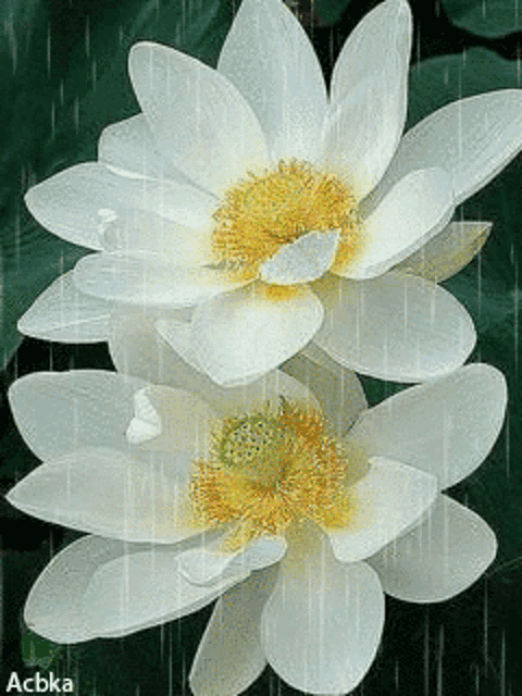 a couple of white flowers with a yellow center and the name acbka on the bottom
