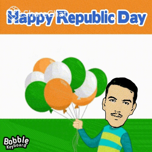 a man is holding a bunch of balloons in front of a happy republic day banner