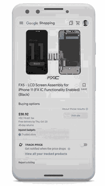 a phone displays a google shopping page for fx5 lcd screen assembly for iphone 11 black